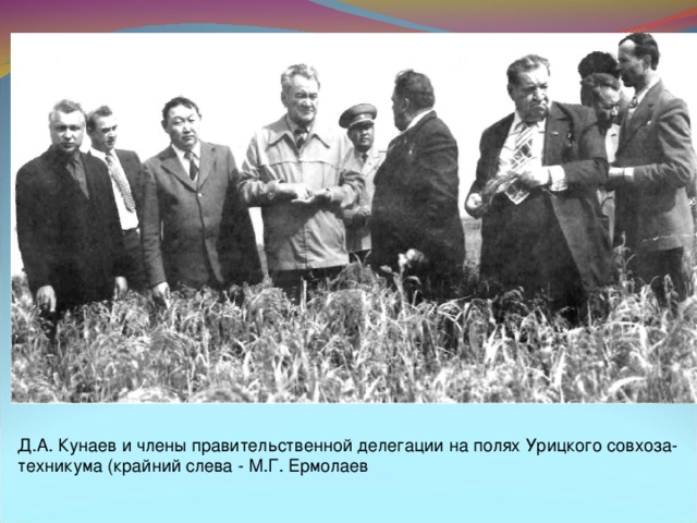 Д.А. Кунаев и члены правительственной делегации на полях Урицкого совхоза-техникума (крайний слева - М.Г. Ермолаев