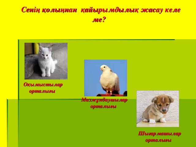 Сенің қолыңнан қайырымдылық жасау келе ме?  Оқымыстылар орталығы  Мазмұндаушылар орталығы  Шығармашылар орталығы