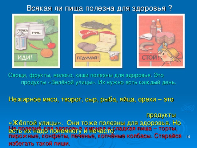 Всякая ли пища полезна для здоровья ?  Овощи, фрукты, молоко, каши полезны для здоровья. Это продукты «Зелёной улицы». Их нужно есть каждый день. Нежирное мясо, творог, сыр, рыба, яйца, орехи – это продукты «Жёлтой улицы». Они тоже полезны для здоровья. Но есть их надо понемногу и нечасто .  Не полезна для здоровья жирная и сладкая пища – торты, пирожные, конфеты, печенье, копчёные колбасы. Старайся избегать такой пищи. 14