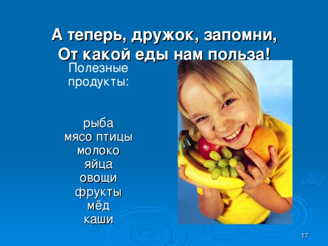 А теперь, дружок, запомни,  От какой еды нам польза!   Полезные продукты: рыба мясо птицы молоко яйца овощи фрукты мёд каши