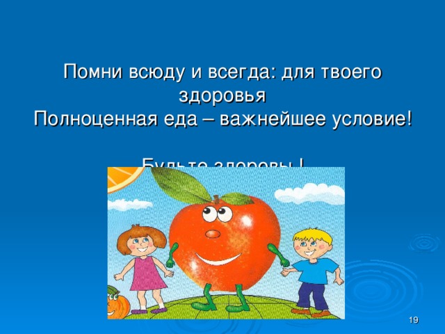 Помни всюду и всегда: для твоего здоровья  Полноценная еда – важнейшее условие !   Будьте здоровы !