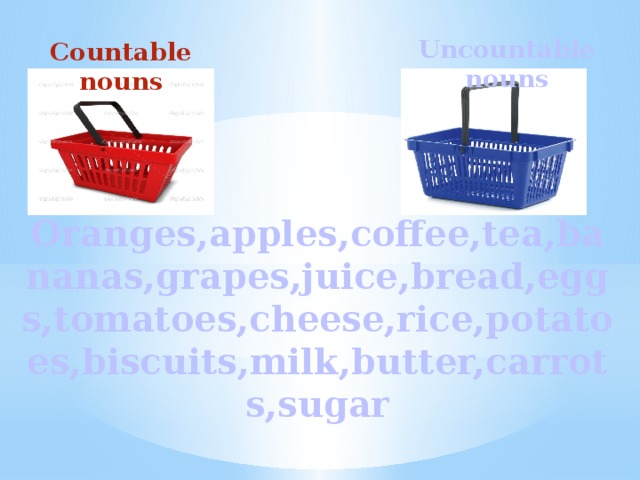 Uncountable nouns Countable nouns Oranges,apples,coffee,tea,bananas,grapes,juice,bread,eggs,tomatoes,cheese,rice,potatoes,biscuits,milk,butter,carrots,sugar