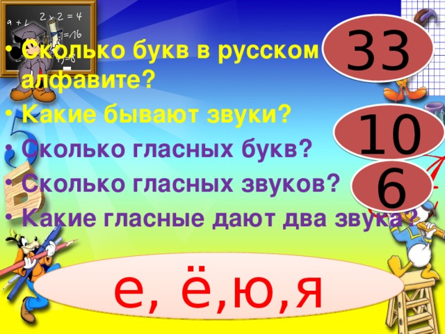 33 Сколько букв в русском алфавите? Какие бывают звуки? Сколько гласных букв? Сколько гласных звуков? Какие гласные дают два звука? 10 6 е, ё,ю,я