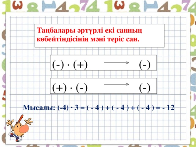 Таңбалары әртүрлі екі санның көбейтіндісінің мәні теріс сан. (-) ∙ (+) (-) (+) ∙ (-) (-) Мысалы: (-4) ∙ 3 = ( - 4 ) + ( - 4 ) + ( - 4 ) = - 12