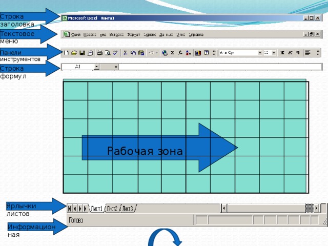 Строка заголовка Текстовое меню Панели инструментов Строка формул Рабочая зона Ярлычки листов Информационная 17