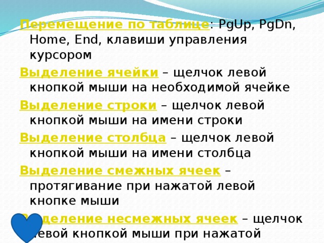 Перемещение по таблице : PgUp, PgDn, Home, End, клавиши управления курсором Выделение ячейки – щелчок левой кнопкой мыши на необходимой ячейке Выделение строки – щелчок левой кнопкой мыши на имени строки Выделение столбца – щелчок левой кнопкой мыши на имени столбца Выделение смежных ячеек – протягивание при нажатой левой кнопке мыши Выделение несмежных ячеек – щелчок левой кнопкой мыши при нажатой клавише Ctrl