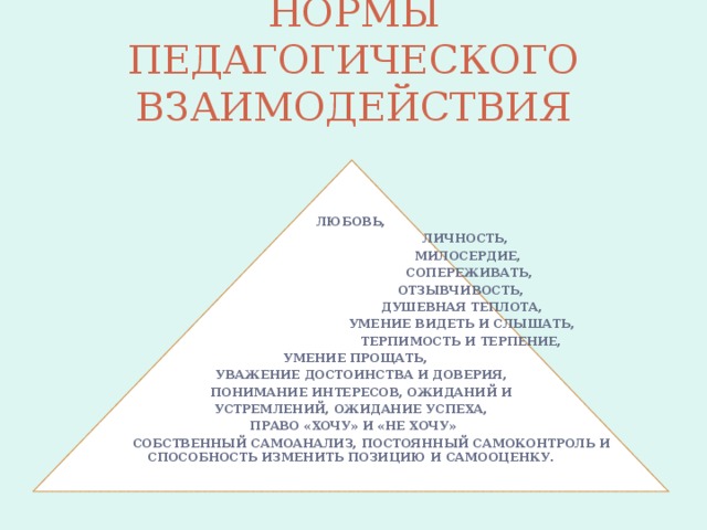 НОРМЫ ПЕДАГОГИЧЕСКОГО ВЗАИМОДЕЙСТВИЯ   ЛЮБОВЬ,  ЛИЧНОСТЬ,  МИЛОСЕРДИЕ,  СОПЕРЕЖИВАТЬ,  ОТЗЫВЧИВОСТЬ,  ДУШЕВНАЯ ТЕПЛОТА,  УМЕНИЕ ВИДЕТЬ И СЛЫШАТЬ,  ТЕРПИМОСТЬ И ТЕРПЕНИЕ,  УМЕНИЕ ПРОЩАТЬ,  УВАЖЕНИЕ ДОСТОИНСТВА И ДОВЕРИЯ,  ПОНИМАНИЕ ИНТЕРЕСОВ, ОЖИДАНИЙ И УСТРЕМЛЕНИЙ, ОЖИДАНИЕ УСПЕХА,  ПРАВО «ХОЧУ» И «НЕ ХОЧУ»  СОБСТВЕННЫЙ САМОАНАЛИЗ, ПОСТОЯННЫЙ САМОКОНТРОЛЬ И СПОСОБНОСТЬ ИЗМЕНИТЬ ПОЗИЦИЮ И САМООЦЕНКУ.