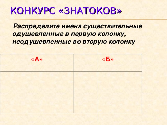 КОНКУРС «ЗНАТОКОВ»   Распределите имена существительные одушевленные в первую колонку, неодушевленные во вторую колонку        «А» «Б»