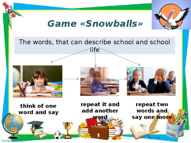 Game «Snowballs» T he words, that can describe school and school life repeat it and add another word repeat two words and say one more think of one word and say