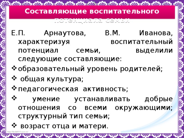 Составляющие воспитательного потенциала семьи Е.П. Арнаутова, В.М. Иванова, характеризуя воспитательный потенциал семьи, выделили следующие составляющие: