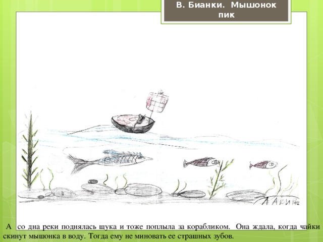 В. Бианки. Мышонок пик  А со дна реки поднялась щука и тоже поплыла за корабликом. Она ждала, когда чайки скинут мышонка в воду. Тогда ему не миновать ее страшных зубов.