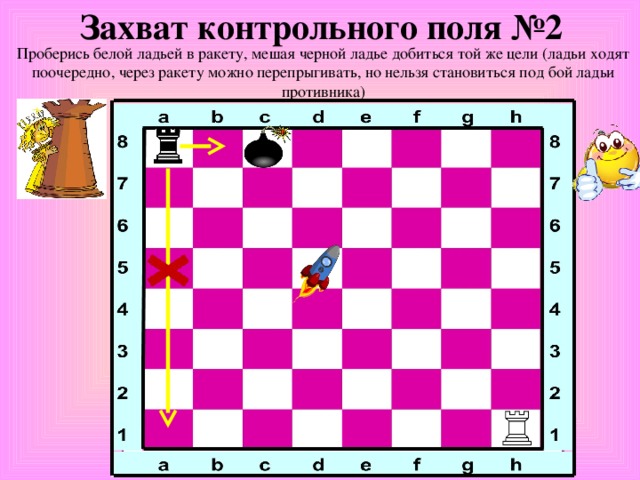 Захват контрольного поля №2 Проберись белой ладьей в ракету, мешая черной ладье добиться той же цели (ладьи ходят поочередно, через ракету можно перепрыгивать, но нельзя становиться под бой ладьи противника)