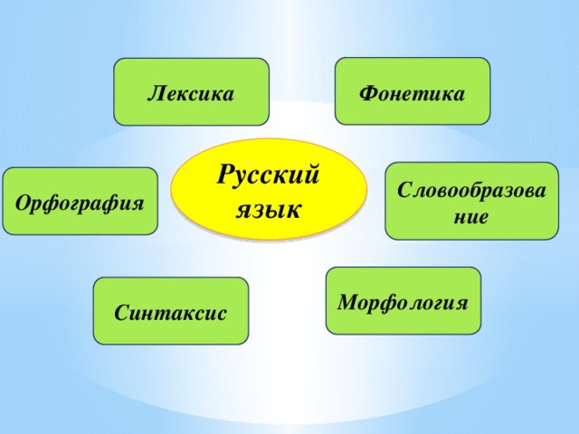 Фонетика Лексика Русский язык Словообразование Орфография Морфология Синтаксис