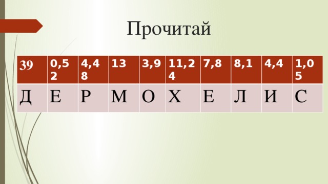 Прочитай 39 0,52 Д Е 4,48 13 Р М 3,9 11,24 О Х 7,8 Е 8,1 Л 4,4 1,05 И С