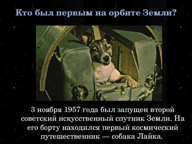 Кто был первым на орбите Земли? 3 ноября 1957 года был запущен второй советский искусственный спутник Земли. На его борту находился первый космический путешественник — собака Лайка.