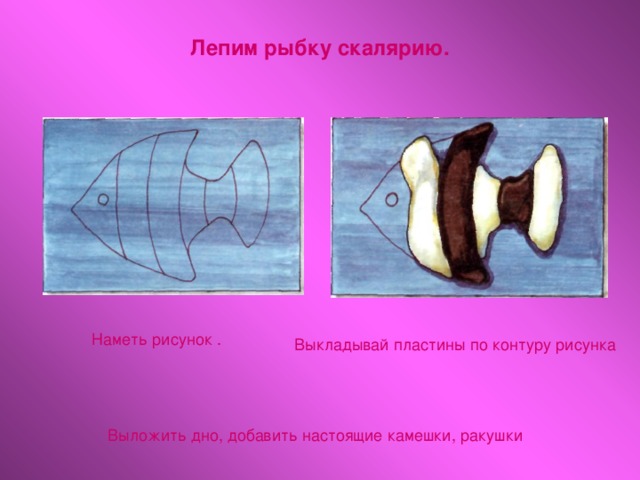 Лепим рыбку скалярию.   Наметь рисунок .   Выкладывай пластины по контуру рисунка Выложить дно, добавить настоящие камешки, ракушки