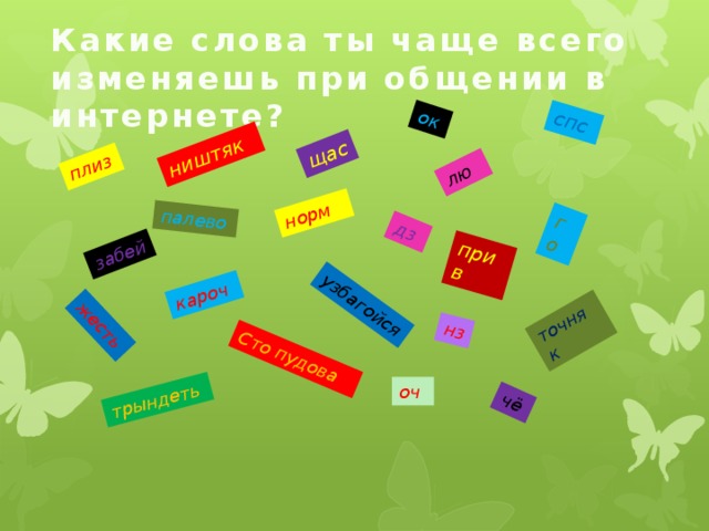 плиз спс щас норм ок дз чё прив забей кароч нз го жесть точняк ништяк Сто пудова лю узбагойся трындеть палево Какие слова ты чаще всего изменяешь при общении в интернете? оч