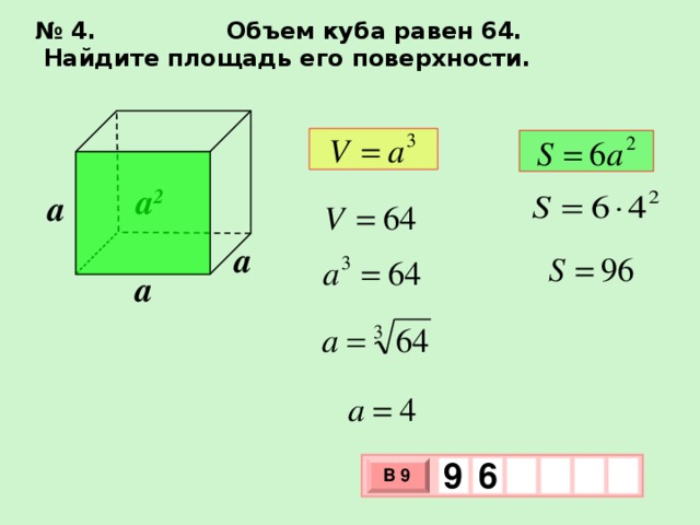 № 4. Объем куба равен 64. Найдите площадь его поверхности. a 2 a a a 9  6 В 9 х 3 х 1 0