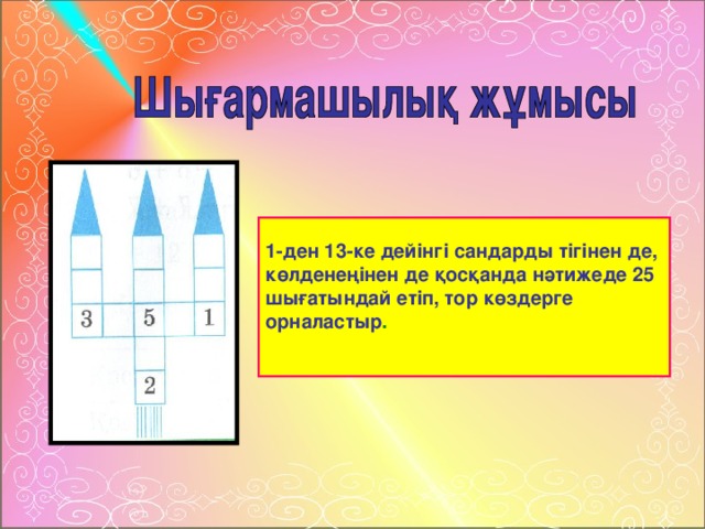 1-ден 13-ке дейінгі сандарды тігінен де, көлденеңінен де қосқанда нәтижеде 25 шығатындай етіп, тор көздерге орналастыр .