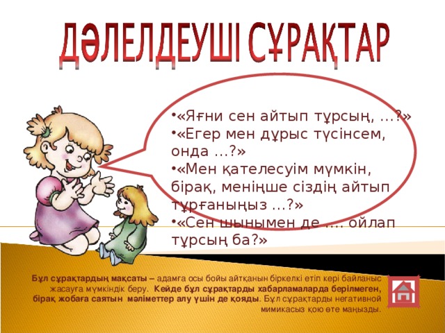 «Яғни сен айтып тұрсың, …?» «Егер мен дұрыс түсінсем, онда …?» «Мен қателесуім мүмкін, бірақ, меніңше сіздің айтып тұрғаныңыз …?» «Сен шынымен де …. ойлап тұрсың ба?»