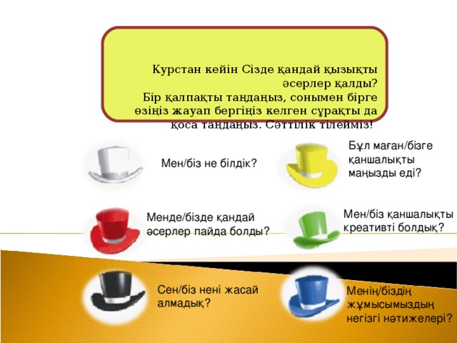 Курстан кейін Сізде қандай қызықты әсерлер қалды? Бір қалпақты таңдаңыз, сонымен бірге өзіңіз жауап бергіңіз келген сұрақты да қоса таңдаңыз. Сәттілік тілейміз! Бұл маған/бізге қаншалықты маңызды еді? Мен/біз не білдік? Мен/біз қаншалықты креативті болдық? Менде/бізде қандай әсерлер пайда болды? Сен/біз нені жасай алмадық? Менің/біздің жұмысымыздың негізгі нәтижелері?