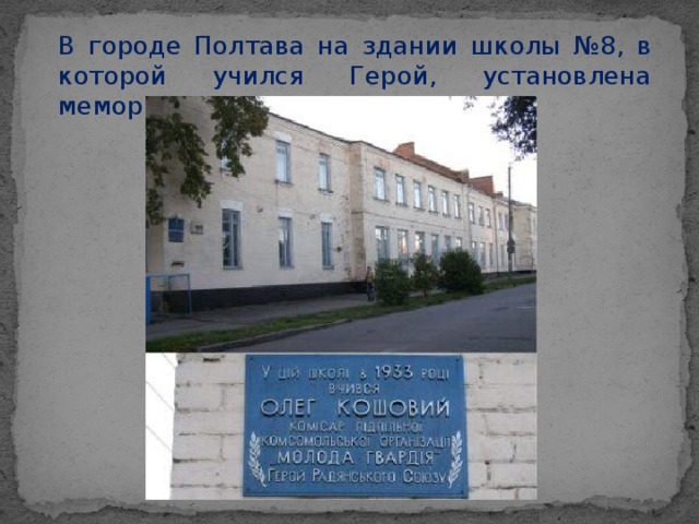В городе Полтава на здании школы №8, в которой учился Герой, установлена мемориальная доска.