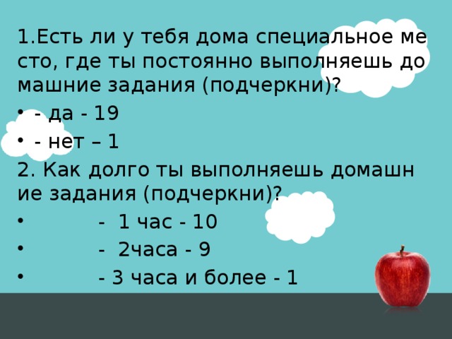 1.Есть ли у тебя дома специальное место, где ты постоянно выполняешь домашние задания (подчеркни)? - да - 19 - нет – 1 2. Как долго ты выполняешь домашние задания (подчеркни)?