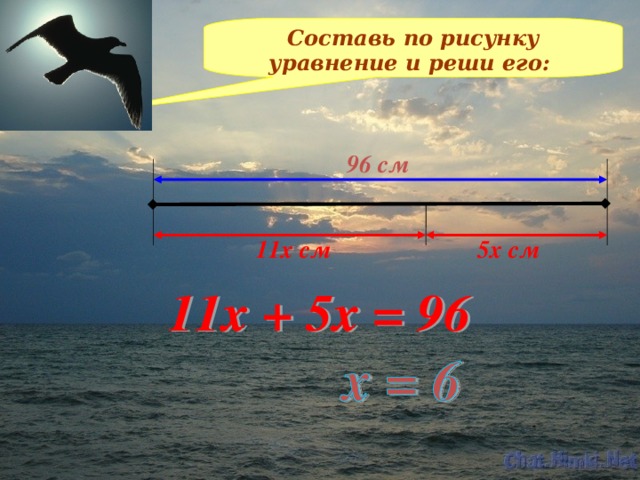 Составь по рисунку уравнение и реши его: 96 см 11х см 5х см