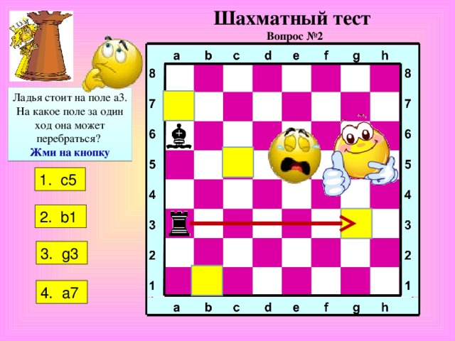 Шахматный тест  Вопрос №2 Ладья стоит на поле a 3. На какое поле за один ход она может перебраться?  Жми на кнопку 1. c5  2.   b1  3 . g3  4 . a7