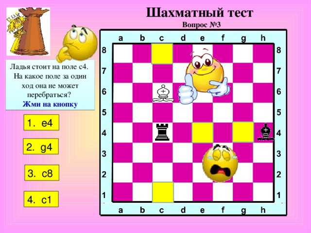 Шахматный тест  Вопрос №3 Ладья стоит на поле c 4. На какое поле за один ход она не может перебраться?  Жми на кнопку 1.  е4 2 . g4  3 . c8  4 .   c1