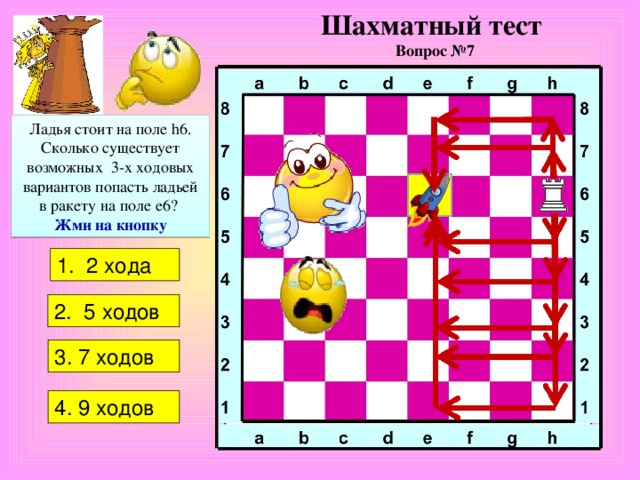 Шахматный тест  Вопрос №7 Ладья стоит на поле h 6. Сколько существует возможных 3-х ходовых вариантов попасть ладьей в ракету на поле е6?  Жми на кнопку 1.  2 хода 2. 5 ходов   3 . 7 ходов 4 .  9 ходов