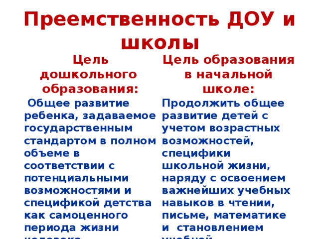 Преемственность ДОУ и школы Цель дошкольного образования: Цель образования в начальной школе:  Общее развитие ребенка, задаваемое государственным стандартом в полном объеме в соответствии с потенциальными возможностями и спецификой детства как самоценного периода жизни человека . Продолжить общее развитие детей с учетом возрастных возможностей, специфики школьной жизни, наряду с освоением важнейших учебных навыков в чтении, письме, математике и становлением учебной деятельности.