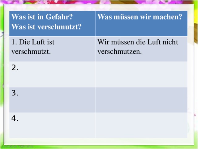 Was ist in Gefahr? Was ist verschmutzt? Was müssen wir machen? 1. Die Luft ist verschmutzt.  Wir müssen die Luft nicht verschmutzen. 2. 3. 4.