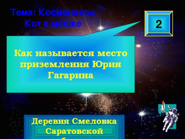 Как называется место приземления Юрия Гагарина Тема: Космонавты Кот в мешке 2 Деревня Смеловка Саратовской области