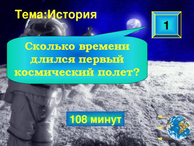 Тема:История 1 Сколько времени длился первый космический полет? 108 минут