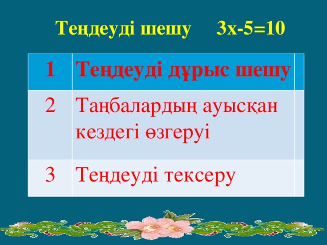 Теңдеуді шешу 3х-5 =10 1 Теңдеуді дұрыс шешу 2 Таңбалардың ауысқан кездегі өзгеруі 3 Теңдеуді тексеру