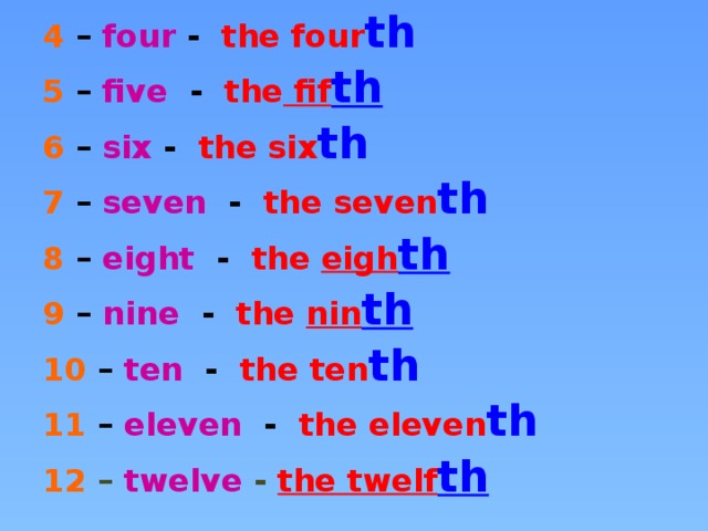 4 – four - the four th 5 – five - the fif th 6 – six - the six th 7 – seven - the seven th 8 – eight - the eigh th 9 – nine - the nin th 10 – ten - the ten th 11 – eleven - the eleven th 12  –  twelve -  the twelf th