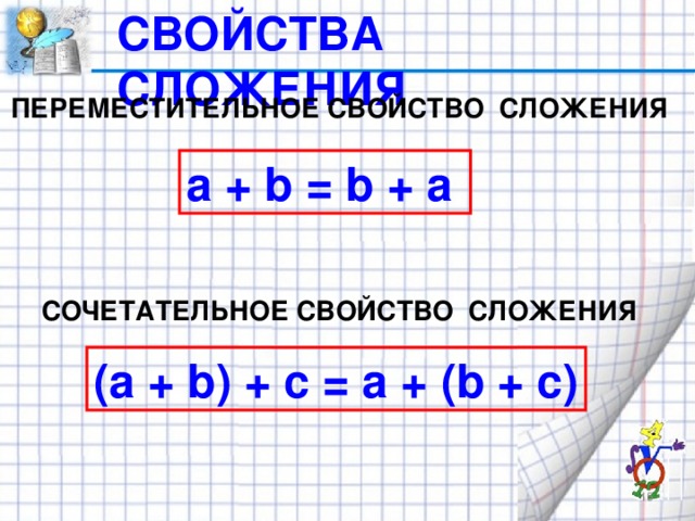 СВОЙСТВА СЛОЖЕНИЯ ПЕРЕМЕСТИТЕЛЬНОЕ СВОЙСТВО СЛОЖЕНИЯ a + b = b + a  СОЧЕТАТЕЛЬНОЕ СВОЙСТВО СЛОЖЕНИЯ (a + b) + c = a + (b + c) 14