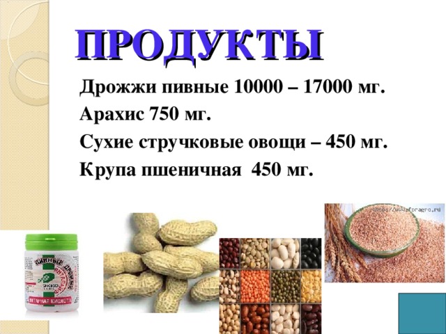 ПРОДУКТЫ  Дрожжи пивные 10000 – 17000 мг.  Арахис 750 мг.  Сухие стручковые овощи – 450 мг.  Крупа пшеничная 450 мг.
