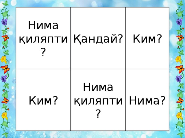 Нима қиляпти? Қандай? Ким? Ким? Нима қиляпти? Нима?