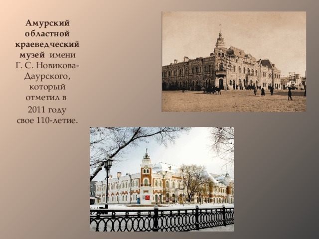 Амурский областной краеведческий музей  имени Г. С. Новикова-Даурского, который отметил в  2011 году свое 110-летие.