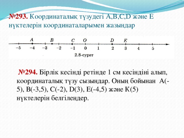 № 293. Координаталық түзудегі A,B,C,D және Е нүктелерін координаталарымен жазыңдар  № 294. Бірлік кесінді ретінде 1 см кесіндіні алып, координаталық түзу сызыңдар. Оның бойынан А(-5), В(-3,5), С(-2), D(3), Е(-4,5) және К(5) нүктелерін белгілеңдер.