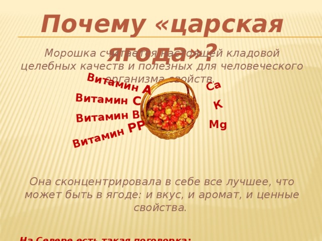 Витамин А Витамин С Витамин В Витамин РР Са К Почему «царская ягода»? Морошка считается настоящей кладовой целебных качеств и полезных для человеческого организма свойств.        Она сконцентрировала в себе все лучшее, что может быть в ягоде: и вкус, и аромат, и ценные свойства.    На Севере есть такая поговорка: «Кто морошку запасает, тот болезней не знает».  Mg