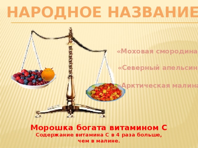 Народное Название «Моховая смородина» «Северный апельсин» «Арктическая малина» Морошка богата витамином С Содержание витамина С в 4 раза больше, чем в малине.