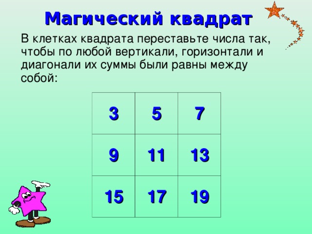 Магический квадрат  В клетках квадрата переставьте числа так, чтобы по любой вертикали, горизонтали и диагонали их суммы были равны между собой: 3 5 9 7 11 15 17 13 19