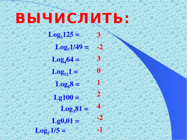 ВЫЧИСЛИТЬ:     Log 5 125 = 3 -2    Log 7 1/49 =     Log 4 64 = 3     Log 52 1 = 0     Log 8 8 = 1     Lg100 = 2    Log 3 81 =   Lg0,01 =  Log 5 1/5 =      4 -2 -1