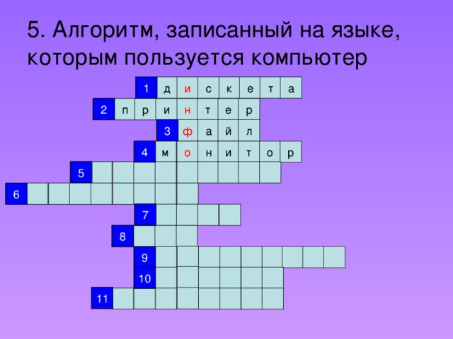 5. Алгоритм, записанный на языке, которым пользуется компьютер 1 1 и с к е т а д 2 р 2 е т н р п и 3 й ф л а 3 4 о 4 н р м т и о 5 5 6 6 7 7 8 8 9 9 10 10 11 11