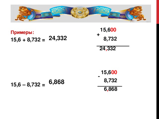 15,6 00  Примеры:  15,6 + 8,732 =      15,6 – 8,732 = + 24,332    8,732 24 , 332 15,6 00  -  8,732 6,868 6 , 868