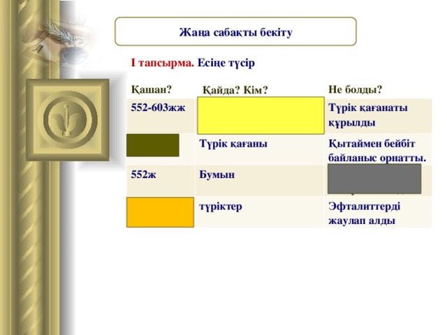 Жаңа сабақты бекіту І тапсырма. Есіңе түсір Қашан?  Қайда? Кім? 552-603жж Не болды? Алтайдан Каспий теңізі аралығы 545ж Түрік қағаны 552ж Түрік қағанаты құрылды Қытаймен бейбіт байланыс орнатты. Бумын 563-567жж түріктер  Түрік қағанаты билеушісі болды Эфталиттерді жаулап алды