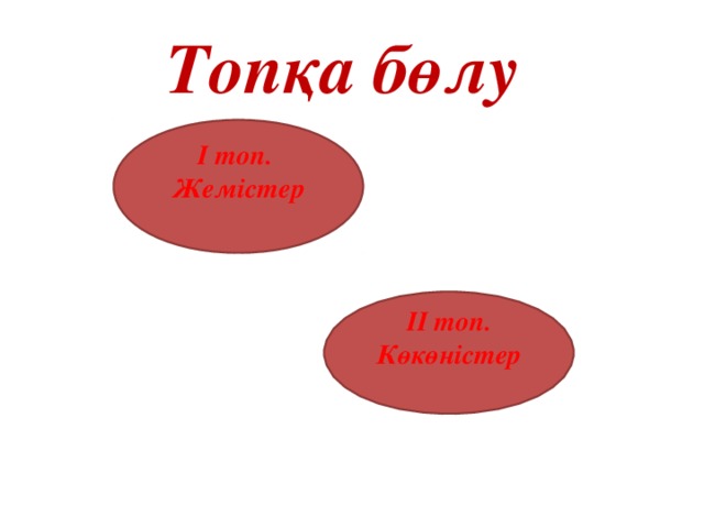 Топқа бөлу І топ. Жемістер  І I топ. Көкөністер